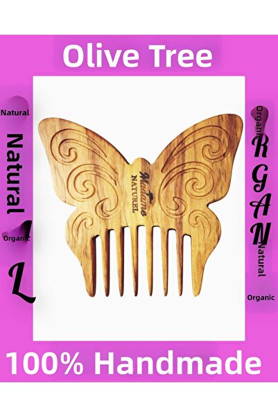 MADAMENATUREL Handmade Comb with Butterfly Figure (100% Natural) Olive Tree