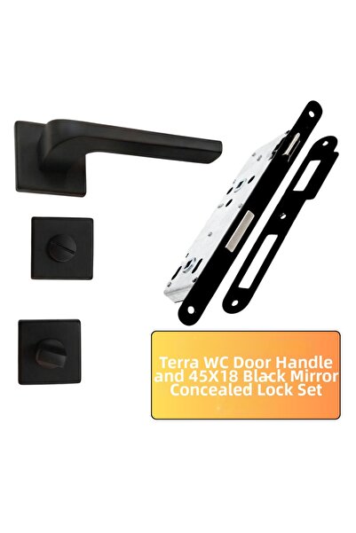 almital mobilya aksesuarları furniture accessories Mâner pentru ușă WC cu rozetă pătrată Terra Black și set de încuietori pentru WC negru de 45X18mm