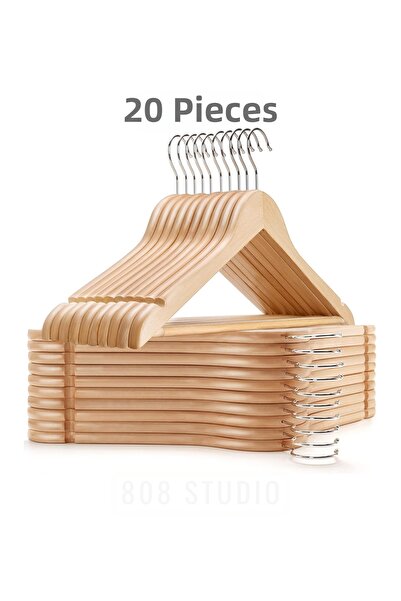 808 Studio شماعات خشبية طبيعية 20 قطعة - شماعات ملابس وقمصان