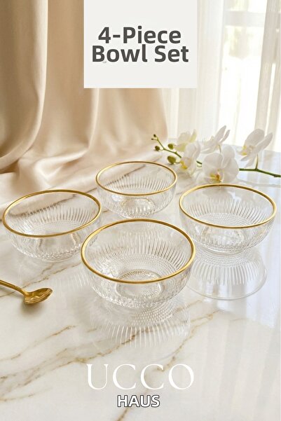 UCCO 4 Pieces 9 cm Snack Bowl Gold Glass Bowl - 110 Cc Presentation Bowl Stylish Plate - Snack Dessert Plate Set Sorento