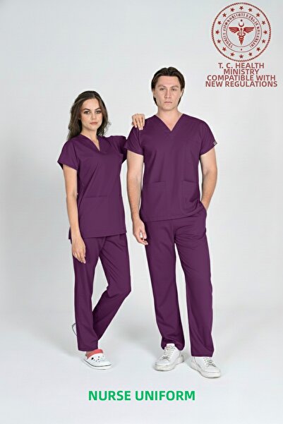 HEMİ Ebe Uniform Purple Scrubs Stretch Fabric Set Ministry of Health Compatible-Byzantium