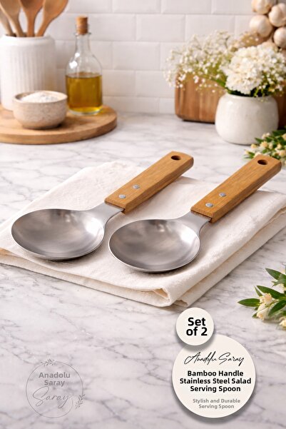 Anadolu Saray 2 Pcs Bamboo Handle Stainless Steel Salad Serving Spoon |   Stylish and Durable Presentation Spoon