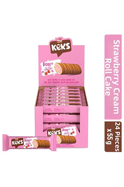 BİFA KEKS Strawberry Cream and Cocoa Decorated Roll Cake 55 Gr X 24 Pieces