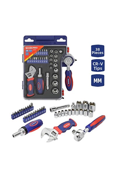 Workpro Wp200555 1/4'' 1/2'' 38 Piece Cr-V Socket and Ratchet Car Repair Tool Set