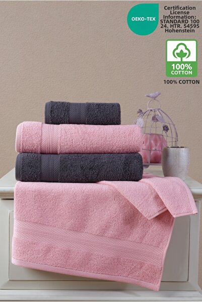 Ellaline Anthracite Pink Bath Towel Set of 4 - 100% Cotton, Diamond Patterned Border, 50X80-70X130Cm