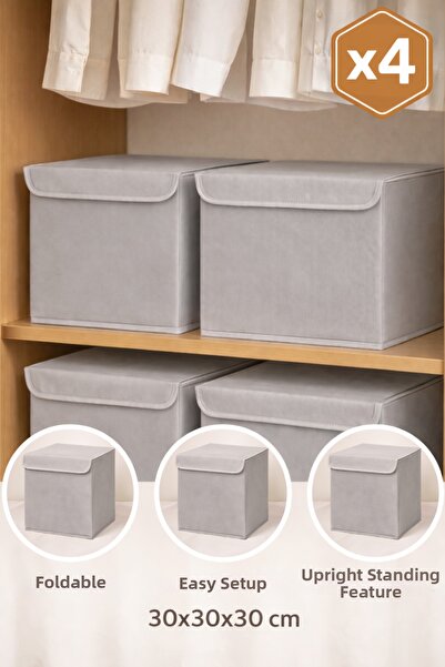 aydev home collection 4-Piece Gray Color Covered Fabric Closet Organizer Box 30X30X30 cm Foldable Storage Box