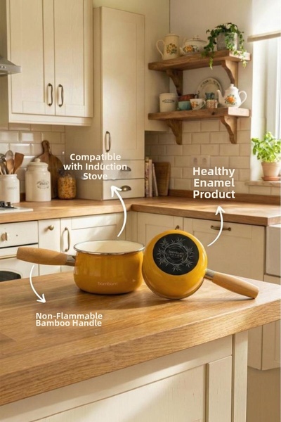 Bambum Nostalgia - Wooden Handle Enamel Pan Sauce Bowl Milk Bowl Mustard 14 cm