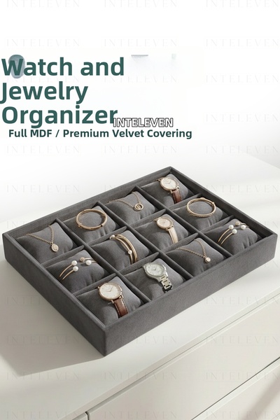 inteleven 12 Compartment Velvet Watch and Bracelet Box - Jewelry Organizer - Smoked
