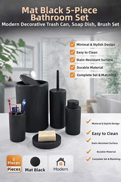 teknotrust 5-Piece Black Striped 5-Piece Bathroom Set Round Soap Bucket Toile...