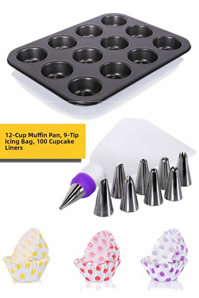 DORRY HOME مجموعة من 12 قالب كعك المافن، وأكياس الكريمة، و100 قطعة من أوراق ا...