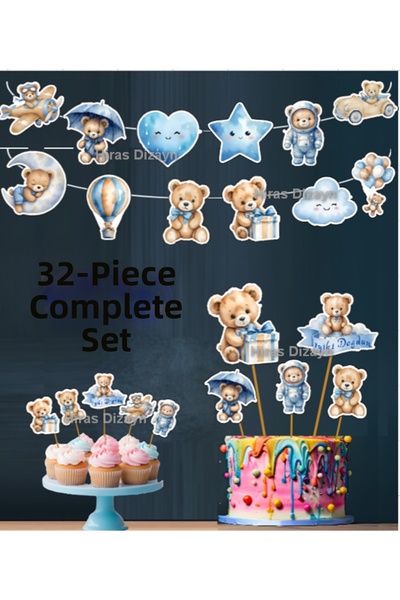 Hiras Dizayn Kuromi-32 piese Blue Sweet Bear Banner pentru băieți, ornament pentru ziua de naștere, pentru tort, pentru cupcake, pentru baby shower