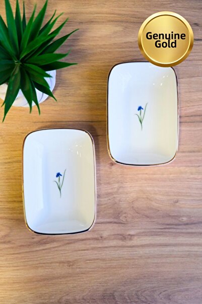 tabakevi Tabak Evi Porcelain Natura Iris Gold Gilded Rectangular Boat Plate 10X7X2Cm 2 Pcs