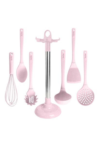 Tantitoni طقم تقديم من السيليكون مكون من 7 قطع باللون الوردي مع حامل