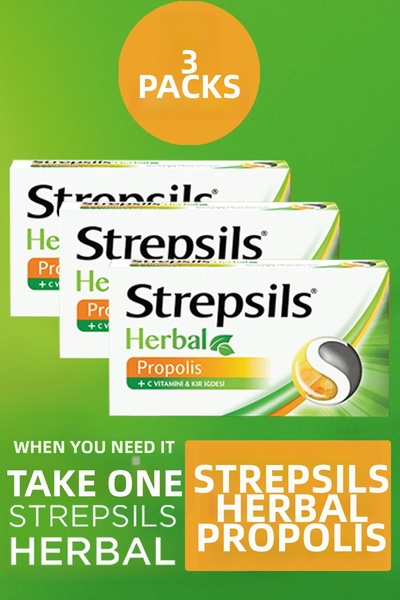 STREPSİLS Herbal Propolis Flavored 16 Pastilles 3 Pieces