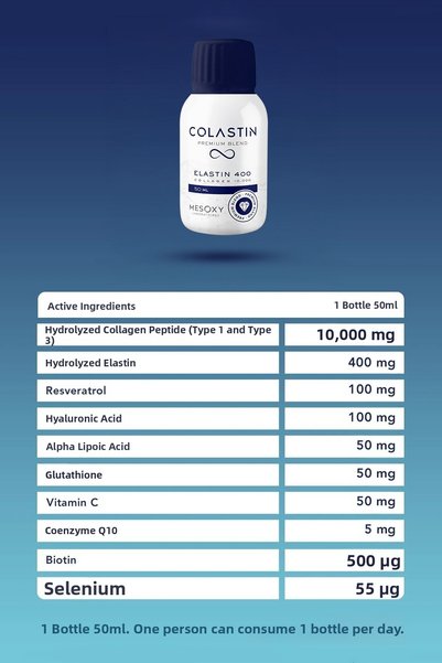 Colastin 50 مل × 14 طلقة - 10 آلاف ملجم كولاجين و 400 ملجم إيلاستين: مكمل للبشرة والجسم