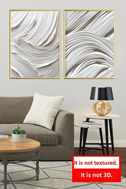Linacci Set of 2 Gold Metal Frame Off-White Wave Glass Poster Paintings