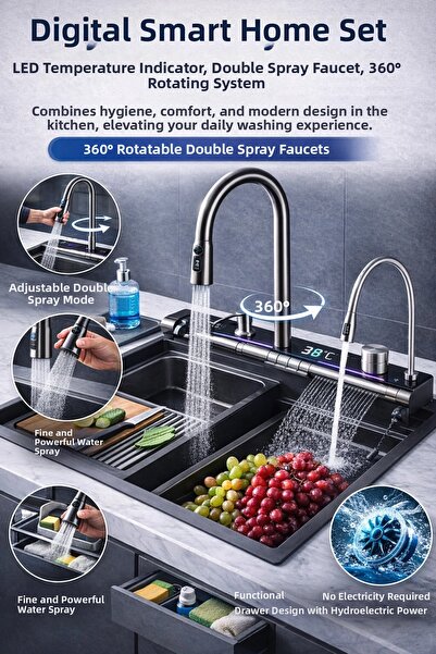 MericLine طقم صنبور مطبخ ذكي رقمي – مع مؤشر حرارة LED، صنبور شلال مزدوج، 360 ...