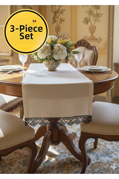 Durushe Set de 3 Lia Black Lace cu vipușcă Modern Runner + Set de 2 piese pen...