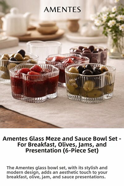 Amentes طقم فطور مكون من 6 قطع من الزجاج بنقوش زهور جمالية، يتضمن وعاء مربى ووعاء زيتون ووعاء صلصة
