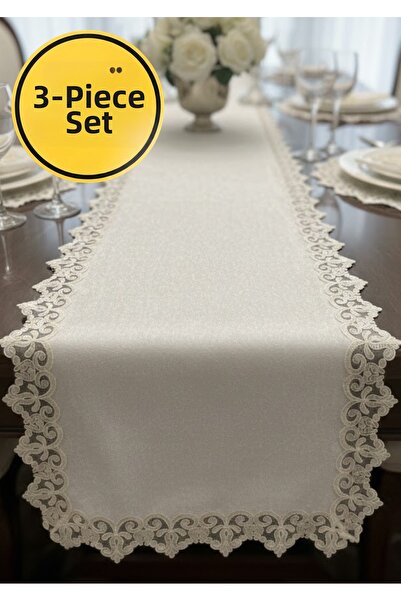 Durushe 3-Piece Set Valeria Double Lace Embroidery Handcrafted Runner + 2-Piece American Tablecloth Set – Classic Elegance