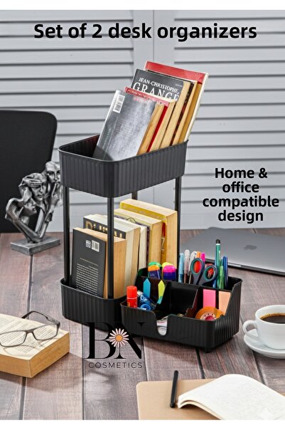 BN Cosmetics Set of 2 Desktop Bookshelf Pen Holder Set Multi-Purpose Office Organizer