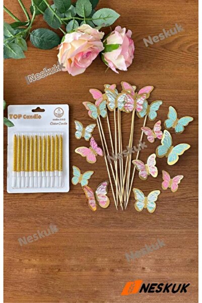 Neskuk 12-Piece Gold Glitter Birthday Cake Candle + Paper Butterfly Ornament