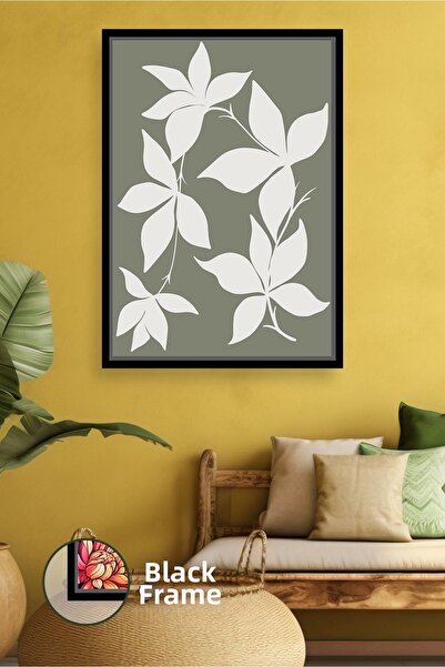 KOSS Dijital Pictură de perete cu model de frunze albe pe fundal verde măslin...