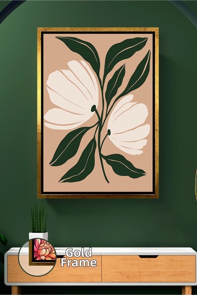 KOSS Dijital Pictură de perete cu flori albe pe fundal bej, cu detalii de fru...