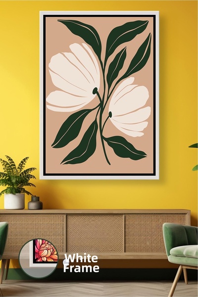 KOSS Dijital Pictură de perete cu flori albe pe fundal bej, cu detalii de fru...