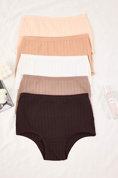 Trendyol Collection Braun-Mehrfarbig, 5er-Pack, klassische Strickunterhose aus Baumwolle mit hoher Taille, THMSS26KU00003