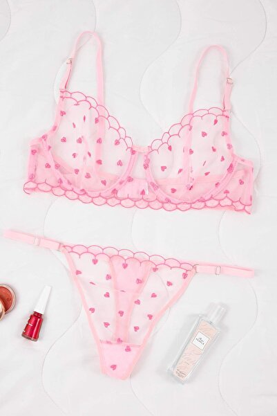 Trendyol Curve Pudra Brode Heart Large Size Underwear Set Tbbaw26Dg00008