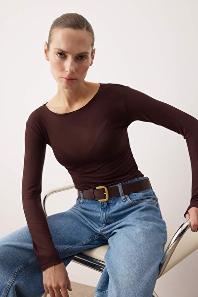 Trendyol Collection Bluză maro transparentă elastică mulat din material subțire TWOAW26BZ00306