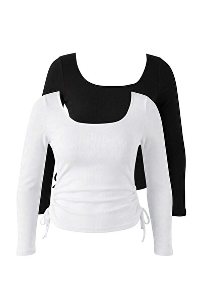 Trendyol Curve Black-White 2-Pack Gathered Sides Plus Size Blouse Tbbaw26Af00105