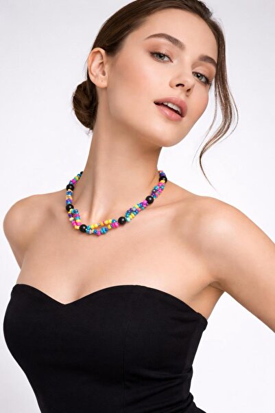 Gönülden Tasarım Renkli Boncuklu Kadın Kolye 19 Cm