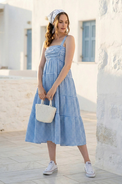 PASTELASTORE Rochie de vară cu model Gingham cu bretele, lungime midi, pentru...