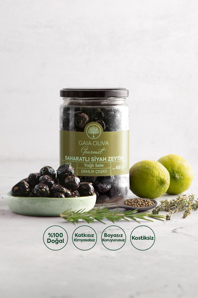 Gaia Oliva Baharatlı Doğal Siyah Zeytin, Yağlı Sele Gemlik Çeşidi, Net: 450 gr