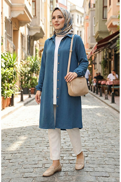 sefamerve Elastic sleeve viscose tunic 0171-01 petrol