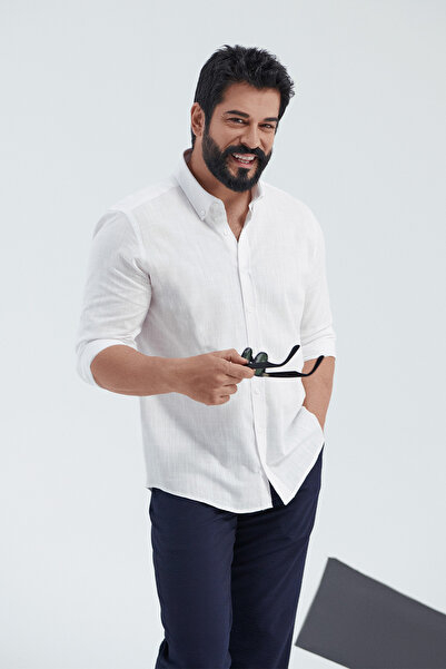 AC&Co / Altınyıldız Classics Erkek Beyaz Keten Görünümlü Kolay Ütülenebilen %100 Pamuk Nefes Alabilen Terletmez Slim Fit Gömlek