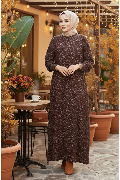 sefamerve Patterned Wrinkled Dress 7137-01 Brown