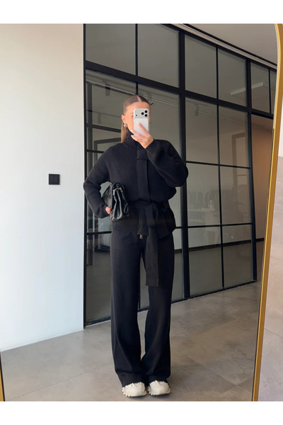 My Blog Czarny zestaw z golfem i paskiem - 0808