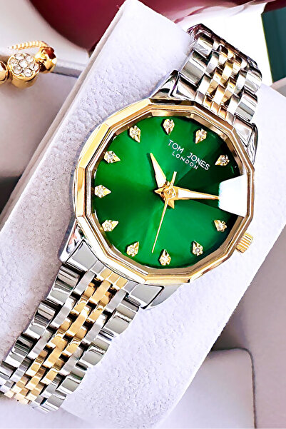 Tom Jones ساعة يد نسائية 3 Atm مقاومة للماء باللون الذهبي وسوار فولاذي + سوار...