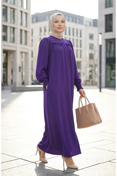 sefamerve Kolu Lastikli Fermuarlı Ferace 2035-03 Mor