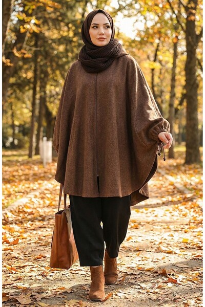 sefamerve Kapüşonlu Kaşe Panço 0505-03 Kahverengi
