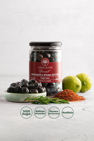 Gaia Oliva Acılı Doğal Siyah Zeytin, Yağlı Sele Gemlik Çeşidi, Net: 450 gr