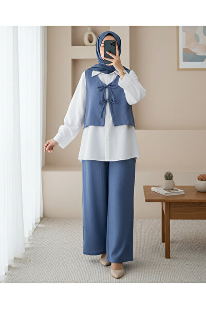 Modamorfo Παντελόνι με κορδόνια μπροστά Γιλέκο Διπλό Λινό Σετ -Indigo