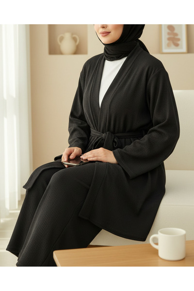 Modamorfo Crinkle Kimono Suit with Side Pockets and Belted Long Sleeve Trousers - Black