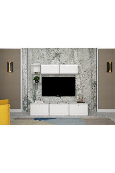 Nettrends Sandara 2 Açık Raflı 5 Kapaklı Özel Tasarım Beyaz TV Ünitesi MRV-TV...