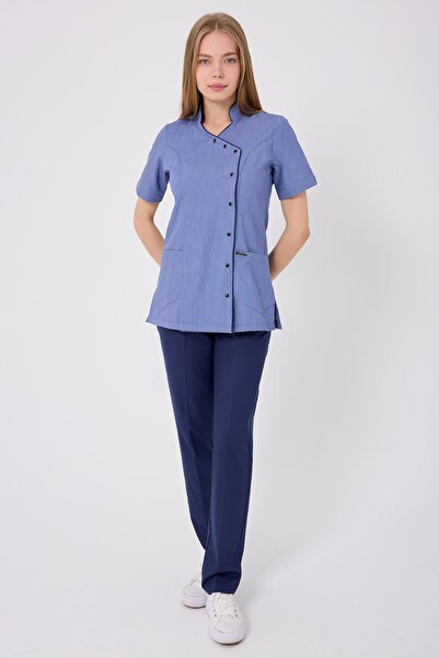 Onur Forma Scrubs Kruvaze İndigo Biyeli İndigo Pantolonlu Kadın Takım - Kot