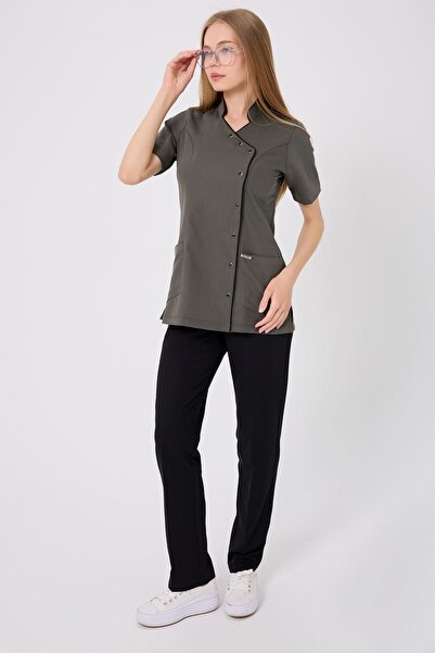 Onur Forma Kruvaze Siyah Biyeli Siyah Pantolonlu Kadın Takım - Haki