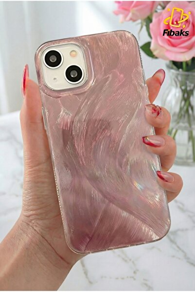 Fibaks Apple iPhone 13 - 14 - 15 Kılıf Tüy Ebru Desenli Darbe Emici Rose Renkli Silikon Koruyucu Kapak